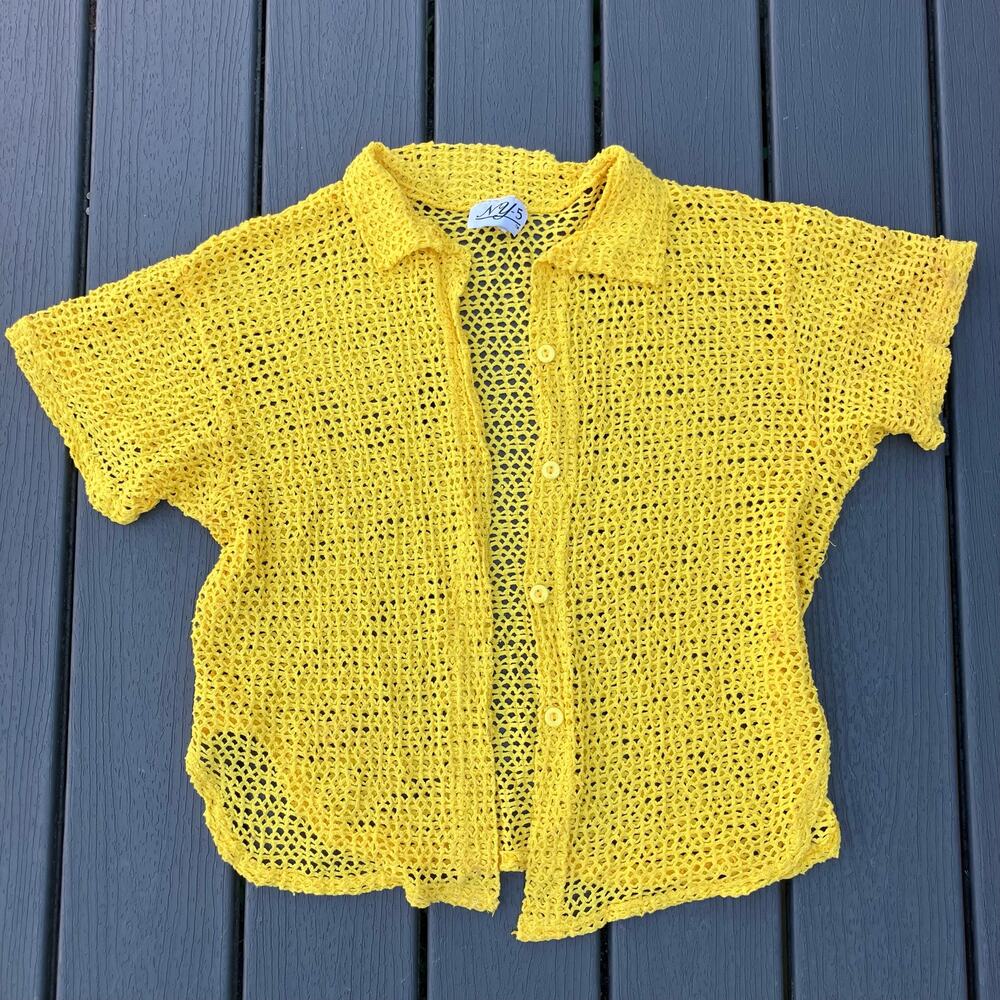 Vintage 90s yellow cotton open knit short sleeve button top, summer beach lounge